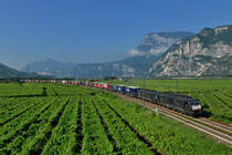 189 998 + 189 934 mit einem KLV am 09.07.2016 bei Mezzocorona. 