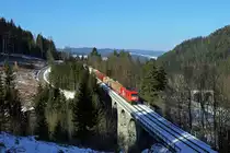 Zum Fotoziel Nummer eins hat sich in den vergangenen Jahren der Sammlergüterzug aus Oberwart für unsere Tagesausflüge entwickelt. Seit Übernahme durch StLB fahren nunmehr schön Lange Züge, wie dieser hier, der mit 2016.901 einem Tag vor dem  Tag der Liebe  (also am 13.02.2015) das Eisteich I Viadukt passiert. Im Hintergrund erkennt man auch das Ungerbach I, das in wenigen Minuten auch passiert wird. 
