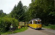 Auf dem Weg zum Lichtenhainer Wasserfall ist diese Kirnitzschtalbahn am 16.06.16 an der Haltestelle Mittelndorfer Mühle abgefahren.