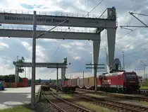 Mindestens von 10 Uhr bis 17 Uhr wartete am 30.07.2016 die abgebügelte Emons 185 513 mit Containerwaggons im Güterverkehrszentrum Dresden-Friedichstadt auf ihren Einsatz 
