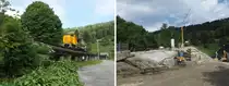 Der Bahnhofplatz des ehemaligen Bahnhofs von Schinznach-Dorf unterliegt zur Zeit grossen Veränderungen wird im Hintergrund der neue, grössere Bözbergtunnel der SBB gebaut. Die Bözberglinie ist die Hauptachse für Güterzüge von Basel via  Brugg zum Gotthard. Dem Tunnelbau musste die letzte Feldbahn-Verladerampe (Sturzgerüst) der Schweiz weichen. Aufnahmen 24.5.2015 und 1.8.2016. Schon bald werden die bergmännischen Bohrarbeiten beginnen, ab 2017 mit einer Tunnelbohrmaschine. Die Tunnelbaustelle kann von ausserhalb der Abschrankungen (Bild) von mehreren Orten gut und frei eingesehen werden. Der verbleibende Rest der ehemaligen Grubenbahn der Zürcher Ziegeleien kann museal erhalten werden.
Mehr zur Geschichte unter  www.bebrail.ch
