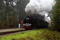 99 6001 mit IG HSB-Sonderzug am 18.10.2015 bei der Ausfahrt aus dem Bahnhof Drei Annen Hohne in Richtung Eisfelder Talmühle.