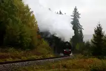 99 6001 mit IG HSB-Sonderzug am 18.10.2015 bei einer Scheinanfahrt, kurz vor dem Bahnübergang Alte Heerstraße, zwischen Drei Annen Hohne und Elend. (Bild 1)