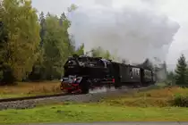99 6001 mit IG HSB-Sonderzug am 18.10.2015 bei einer Scheinanfahrt, kurz vor dem Bahnübergang Alte Heerstraße, zwischen Drei Annen Hohne und Elend. (Bild 3)