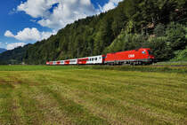 1016 018-4 und 1144 225-0 am Zugschluss, sind mit einem nicht im Fahrplan vermerkten Zug von Schwarzach-St. Veit nach Salzburg Hbf, nahe Mitterberghütten unterwegs. Insgesamt war diese Garnitur an dem Tag zwei mal unterwegs.
Aufgenommen am 7.8.2016.