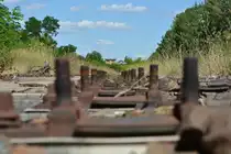 Die Schienen wurden in Nedlitz schon entfernt wie fast schon auf der gesamten Strecke. Die Hakenschrauben jedoch stehen noch. 1992 wurde die Strecke ab Nedlitz bis Güterglück 2 Gleisig ausgebaut und 1 Jahr später elektrifiziert. Nur knapp 10 Jahre später wurde die Strecke stillgelegt und wird teilweise zurück gebaut. 

Nedlitz 20.07.2016