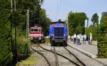 Traktionswechsel in Alverdissen. Links E 22, die den Zug von Bösingfeld bis hierhin gebracht hat, rechts hat sich V 2.004 (98 80 265 101-6 D-VBV) vor den Zug gesetzt, um ihn weiterzubefördern (28.8.16).