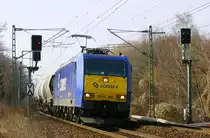 Connex 185-CL 003  Sir Reiner  kommt mit dem leeren Sodazug aus Stolberg durch Düren gefahren.
Aufnahmedatum: 25. Februar 2006