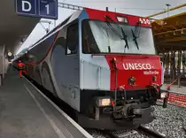 Ge 4/4 III 650  UNESCO-Welterbe  hat mit dem RE 1149 aus Chur, ihren Zielbahnhof St. Moritz erreicht. Am Zugschluss wurde der GEX 902 aus Zermatt mitgeführt.
Aufgenommen am 21.7.2016.