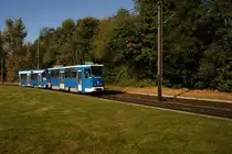 Am 26.09.2016 war T6A2 703 der Rostocker Straßenbahn AG mit einem Niederflurbeiwagen auf dem Weg in Richtung Mecklenburger Allee unterwegs, während die Bäume an der Wendeschleife Rügener Straße bereits erst Anzeichen des Herbstes zeigten.