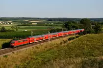 Die 111 106 mit RB 59192 hat vor kurzem dem Bahnhof Rohrbach verlassen und wird gleich die Ortschaft Fahlenbach passieren. Von einer Anhöhe aus hat man einen schönen Blick auf die typische Landschaft der Hallertau mit den charakteristischen Hopfengärten (17. Juli 2014).
 