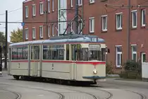 Gelenktriebwagen des Typs G4(Wagen 1)stand am Mittag des 15.10.2016 auf dem Betriebshof der Rostocker Stra�enbahn AG,Foto wurde vom �ffentlichem Fu�weg gemacht der am Gel�nde direkt lang geht 