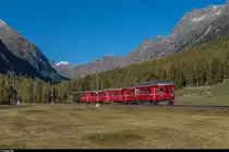 RhB Bahnoldtimer im Stundentakt, 16. Oktober 2016: Der  Fliegende Rhätier  ABe 4/4 501 erreicht Bever.