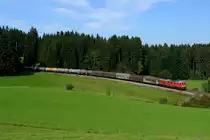 Letzter umgeleiteter Güterzug des Tages war der EZ 45193 von Buchs SG nach Hallein. Aufgrund der geschwungenen Streckenführung bei Heimhofen konnte der von 233 219 geführte gemischte Güterzug sogar mit Frontlicht fotografiert werden (29. September 2014).
 