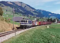 MOB: Obschon die diesjährigen Alpabzüge bereits stattgefunden haben, zeigen die zwei Aufnahmen Alpvieh Züge wie sie noch in den 80er beziehungsweise 90er Jahren auf der ASD und MOB verkehrten.
Alpvieh Zug der MOB mit GDe 4/4 (6001-6004) und 12 K-Wagen.
Foto: Walter Ruetsch
