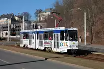 PSB 239 (ČKD Praha Smichov, Bauj. 1989), Linie 5, am 24.02.2014 zw. Hst. Tunnel und Hst. Neue Elsterbrücke.
Ergänzung Sept. 2019: Tw 239 1989 aus Zwickau übernommen, letzter Betriebstag bei PSB 05.01.2018 und danach gleich ++. 