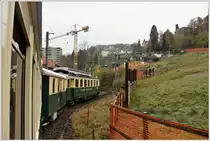 Abschiedsfahrt mit dem  Föfi  (5) über die Ruckhalde nach St.Gallen. Im letzten Zahnstangenabschnitt zwischen Appenzell und St.Gallen. Am Adhäsionstunnel wird gebaut. (13.11.2016)