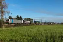 Railpool Lok Parade am 30.10.16. Zwischen Zorneding und Baldham löst sich auch sehr schön fotografieren. Im Hintergrund der Turm von der Lagerhalle des Raiffeisen Marktes. 