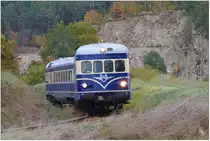 Der Blaue Blitz mit dem vorausfahrenden Steuerwagen 6544.02 bei Hofern auf der Fahrt von Retz nach Drosendorf. (29.10.2016)