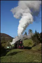 Zum Abschluss unserer Fotoreise in die Karpaten gab es noch einmal tolles Herbstlicht. L 3535 hat hier den Tunnel bei Kvasy hinter sich gelassen und dampft hier am 14.10.2016 weiter in Richtung Endbahnhof Rachiev.