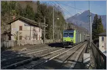 Zwei BLS Re 485 fahren mit einer RoLa durch Preglia. 
Von Varzo nach Preglia ist nur das von hier aus gesehen linke Gleis für den RoLa Verkehr zugelassen, ein Umstand, welcher die Betriebsführung nicht gerade vereinfacht.
7. Jan. 2017