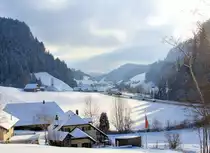 Blick ins  Ausland , von wo sich ein BLS  Lötschberger  aus Luzern nähert. Die Bauernhäuser vorne dürften noch im Kanton Bern sein, die hinten in anderem Stil mit dem kleinen Dach an der vorderen Hauswand im Kanton Luzern. Zwischen Trubschachen (BE) und Wiggen (LU), 6.Januar 2017. 