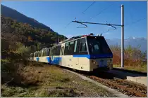 Ein SSIF (Società Subalpina di Imprese Ferroviarie) Treno Panoramico ABe 12/16 (ABe/P/Be/Be) in Verigo auf der Fahrt nach Locarno.
31. Okt. 2014