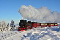 Mit kräftigen Schnaufen und einer herrlich weißen Dampfwolke erklimmte 99 7247-2 mit dem P8925 den Brocken. Nun muss sie noch einmal den Gipfel umrunden ehe sie am Bahnhof ankommt.

Brocken 06.01.2017