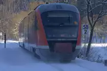 TW 642 035 als U28 unterwegs auf der  Sächsischen Semmeringbahn  von Decin über Bad- Schandau Sebnitz nach Rumburk, 13:25 Uhr Nähe Goßdorf Kohlmühle im Sebnitztal.
