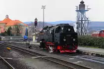 99 222 am Vormittag des 07.02.2016 auf Gleis 31 im Bahnhof Wernigerode, kurz vor Übernahme von P8931 zum Brocken.