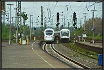 Mit 20 Minuten Versp�tung rollt InterCity 1846 mit 605 004  Franz-Josef  und 605 020  Christiane  von Hamburg-Altona nach K�ln in den Bahnhof Hamm (Westf) ein. Auf dem Nebengleis rollt IC 2047 Richtung Leipzig.