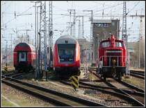 Blick in das Gleisvorfeld des Rostocker Hbf, wo die 362 594 auf neue Aufgaben wartet. M�rz07