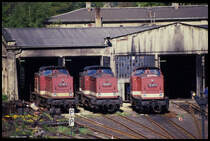 Blick von der Straßenbrücke am 2.5.1990 in das BW Löbau mit drei V 100 der DR: von links 112795, 112568 und 112324.