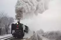 An einem eiskalten Februar Morgen fährt die 556 036 gerade aus Čachtice. (16.02.2017)