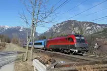 Panoramafoto mit RJ-553 und 1216.231 bei Payerbach/R. am 4.3.17