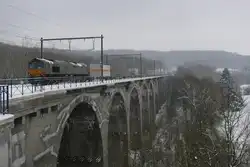 Am 09/01/2010 überquerte die PB14 von DLC mit einem Containerzug den Viadukt von Remersdael in Richtung Visé.