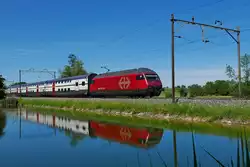 Im Wasser des 'B�dli' von Riedt bei Erlen spiegelt sich Re 460 051-6 mit dem IC 811 von Brig nach Romanshorn (01.06.2019).