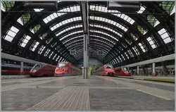 Schlaraffenland Milano Centrale - zumindest für Bahnfotografen! Gleich vier unterschiedliche Hochgeschwindigkeitszüge zweier Gesellschaften zeigen sich unter der grandiosen Bahnhofs  Halle
