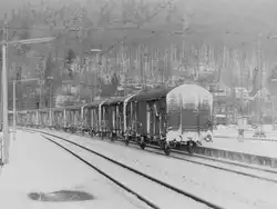 Einen Nachschuß auf einen Güterzug der aus Eberbach Neckar ausfährt gen Heidelberg am 7.12.1980.