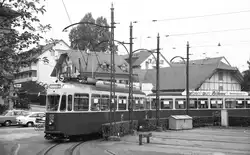SVB Tram Bern__Zug der Linie 5 nach Fischermätteli mit Tw 126 Be 4/4 von 1960/61 und Bw 331 B4 von 1960/61.__27-08-1976
