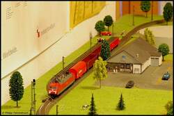 120 114-4 steht auf meiner Modellbahn mit einem gemischten G�terzug vor Hp0 zeigendem Signal.