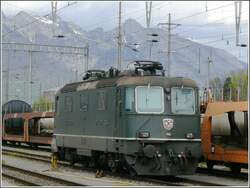 Gr�ne Re 4/4 II 11161 mit arg verwittertem Schweizer Kreuz.