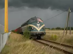 Schwedische Diesellok mit Kieszug am Bahnhof Lausig