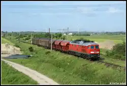 233 705 mit einem kurzem Gz aus Poppendorf zum Rostocker Seehafen.Aufgenommen am 18.06.10 kurz hinter Bentwisch.