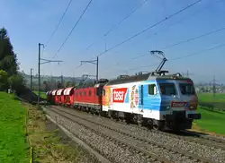 Die Kiesz�ge W�denswil-Schindellegi-W�denswil, die normalerweise von zwei Re 4/4 II gezogen werden, wurden am 6.Oktober 2010 ausnahmsweise von der SOB Re 446 017 und einer Re 6/6 der SBB gef�hrt.