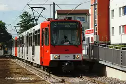 B-Wagen 2108 an der neuen Haltestelle Margaretastra�e am ersten Betriebstag der selben dem 02.07.2012.