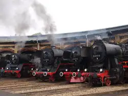 03 1010-2 aus Halle/Saale, 52 8173-8 (versteckt), 44 1486-8 der Eisenbahnfreunde Staßfurt e.V., 52 8131-6 der Wedler und Franz GbR (WFL) sowie 52 8177-9 der Eisenbahnfreunde Berlin zusammen am