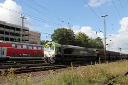 Class 66 von Captrain mit Kohlezug Richtung Belgien am 18.9.2012 in Aachen/West