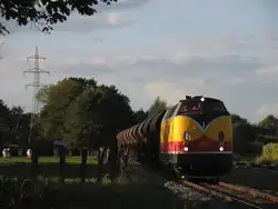 D20 (ehemalige DB 221 147-2) der Bentheimer Eisenbahn AG mit G�terzug 229 Coevorden de Heege (NL)-Bentheim Nord bei Esche am 18-9-2012.