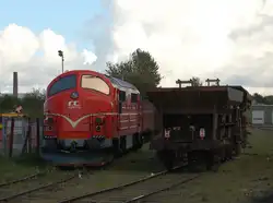 Regionstog M36 (ehemals MX 1043), steht abgestellt neben einigen G�terwagen in Maribo.